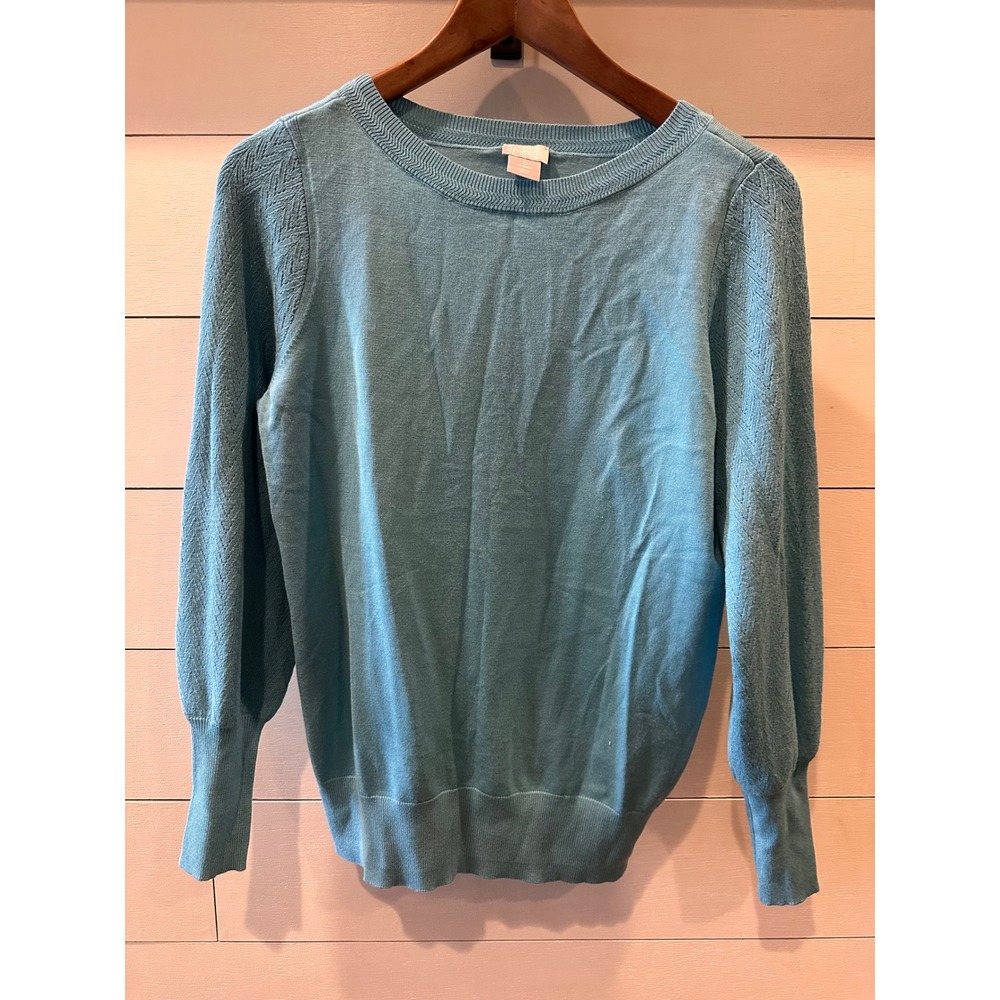 Chicos Women Blue Chevron Pointelle Shoulder Crew Neck Sweater Size 0 S Small